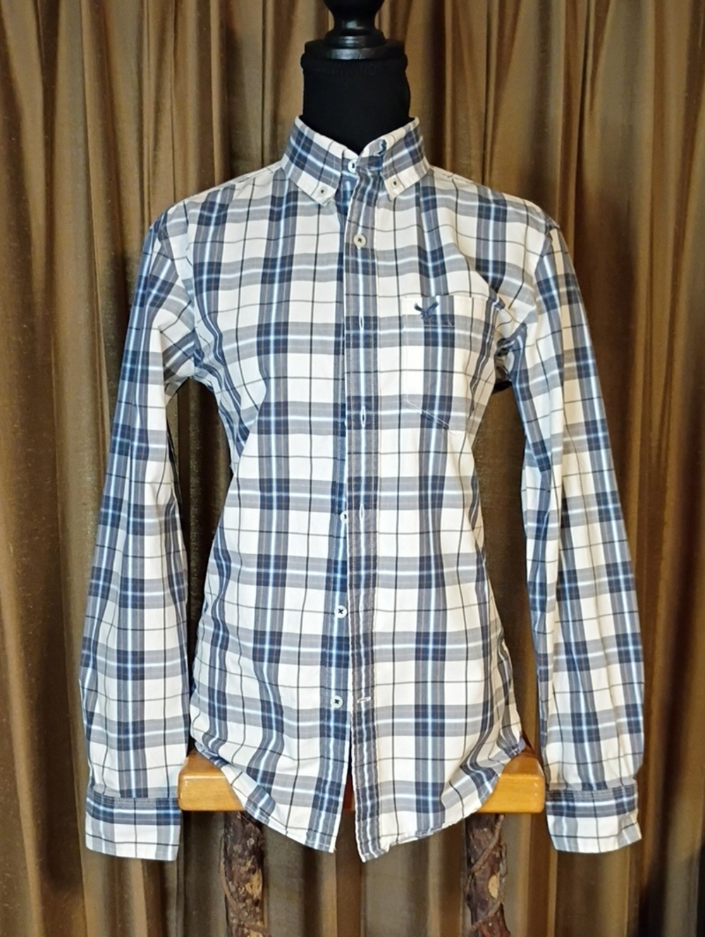 American Eagle Outfitters Blue and White Plaid Button-Down Shirt